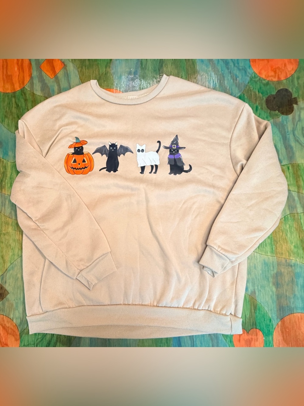 Halloween Cat Pumpkin Witch Ghost Bat Crewneck Sweatshirt Womens Sz Small Beige